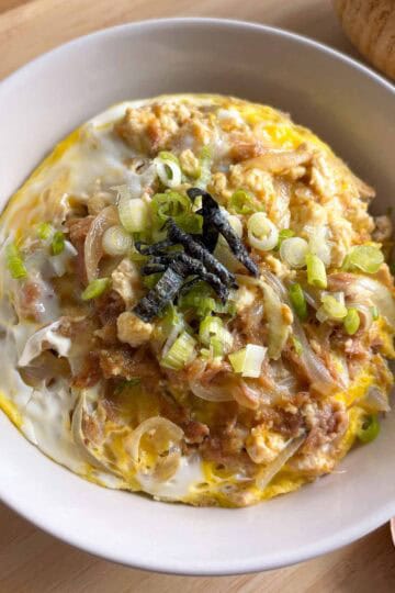 Japanese tofu and egg donburi rice bowl.