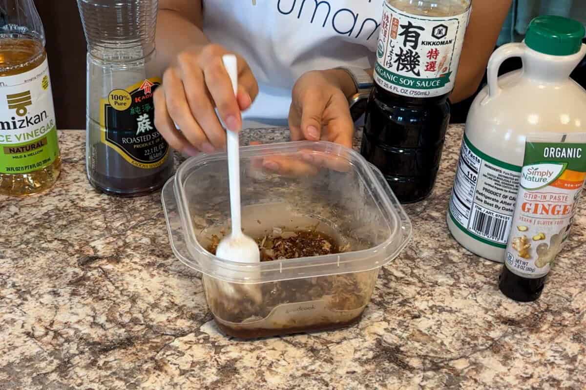 Mix all the dressing ingredients and bonito flakes in a bowl.