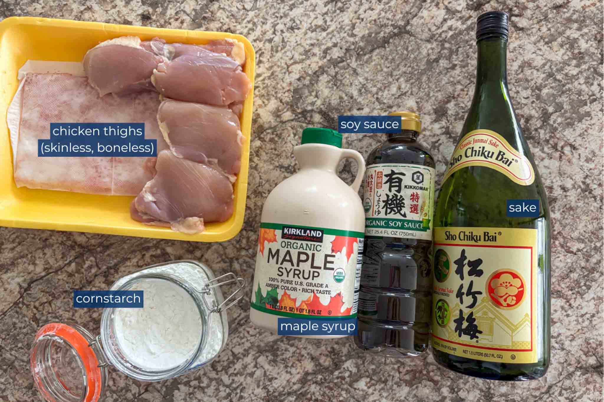 Ingredients to make rice cooker teriyaki chicken.