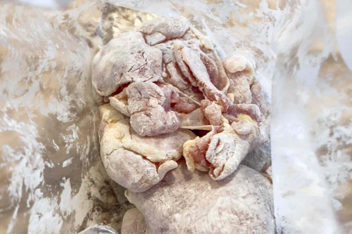 Coat chicken thighs with cornstarch in a bag.
