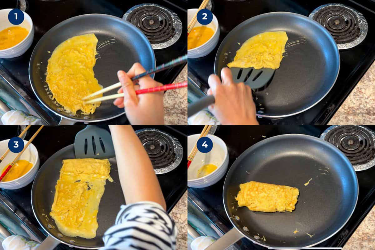 Steps to make tamagoyaki with a round pan.