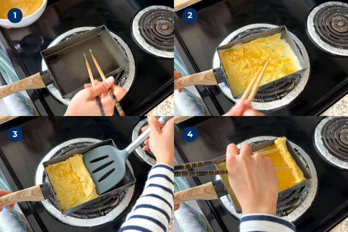 Steps to make tamagoyaki with a square pan.