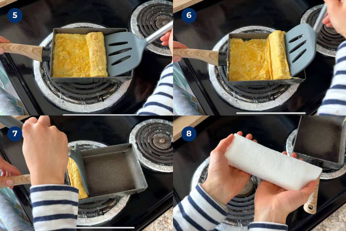 Steps to make tamagoyaki with a square pan.