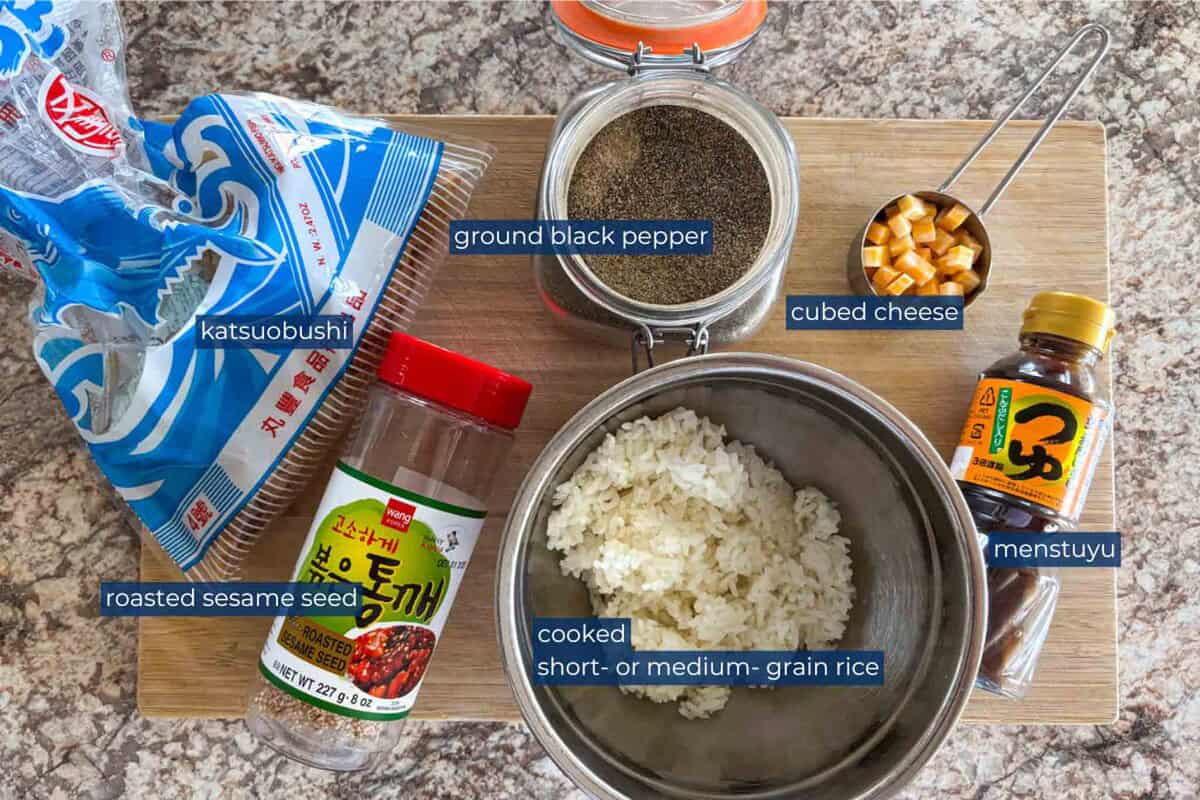 Ingredients to make cheese okaka onigiri.