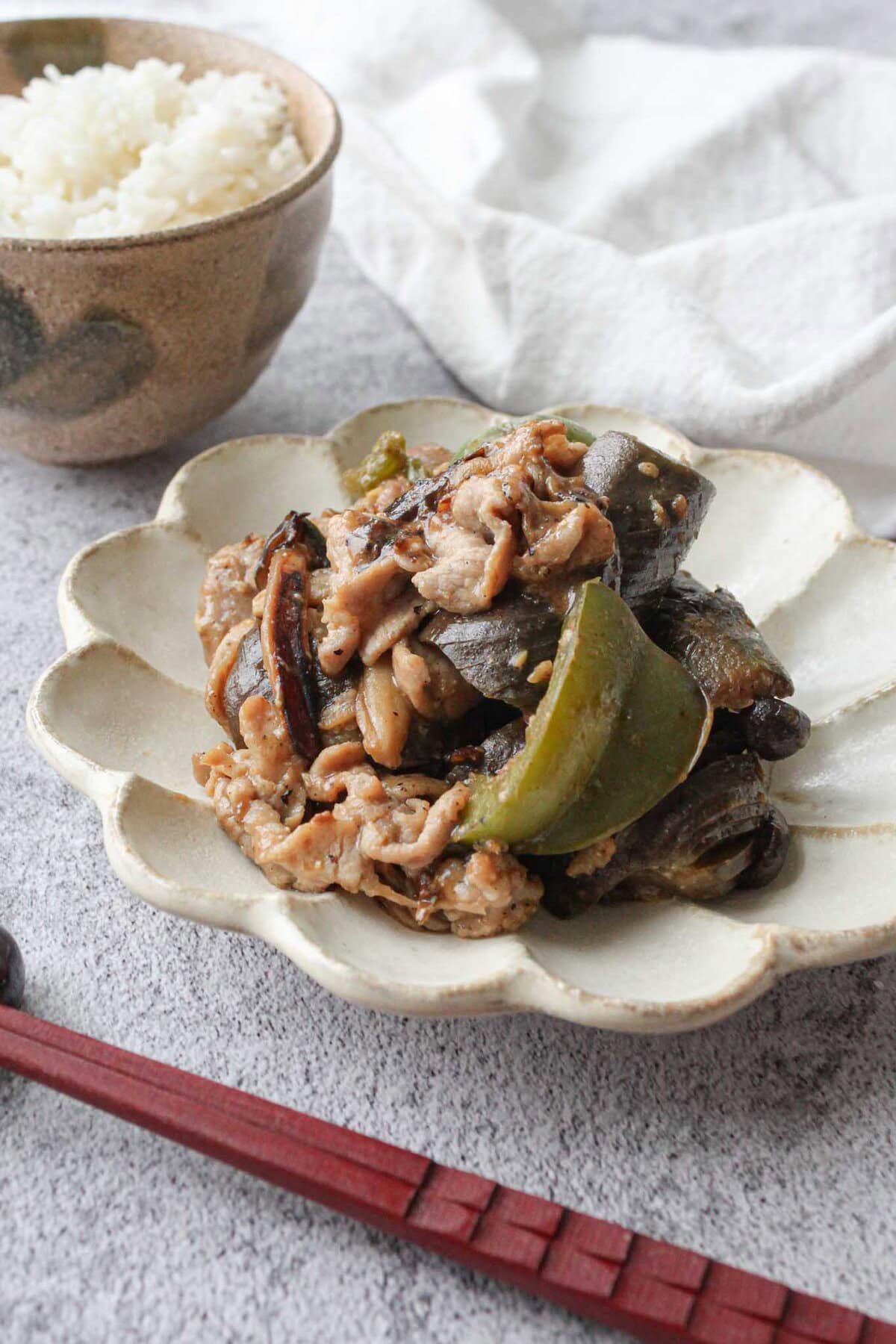 Japanese miso stir fry with eggplants, pork, bell peppers, and shimeji mushrooms.