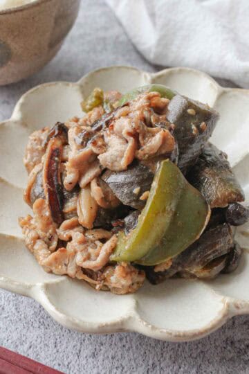 Japanese miso stir fry with eggplants, pork, bell peppers, and shimeji mushrooms.