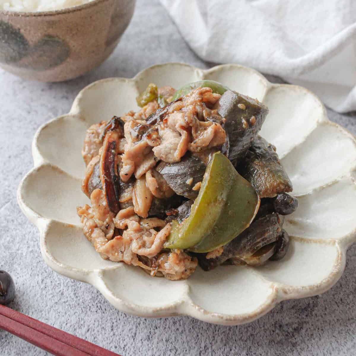 Japanese miso stir fry with eggplants, pork, bell peppers, and shimeji mushrooms.