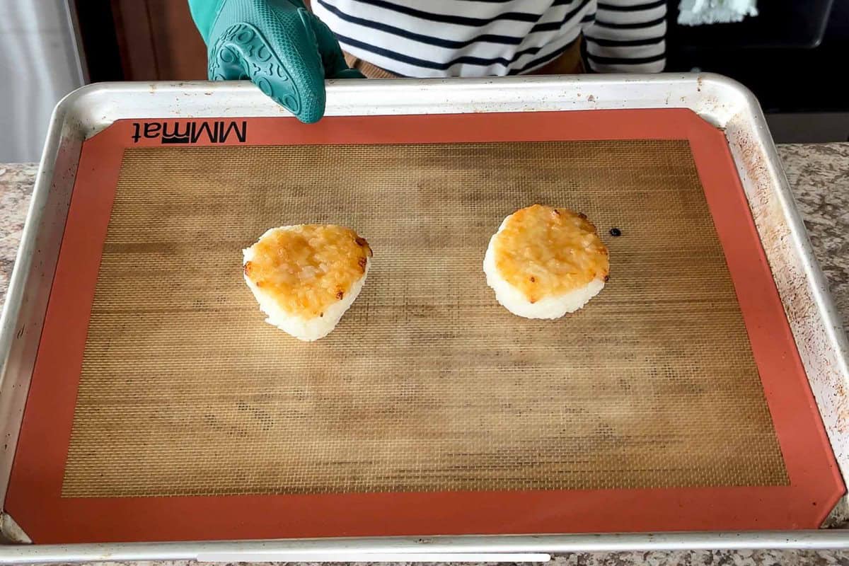 Miso yaki onigiri on a baking sheet.