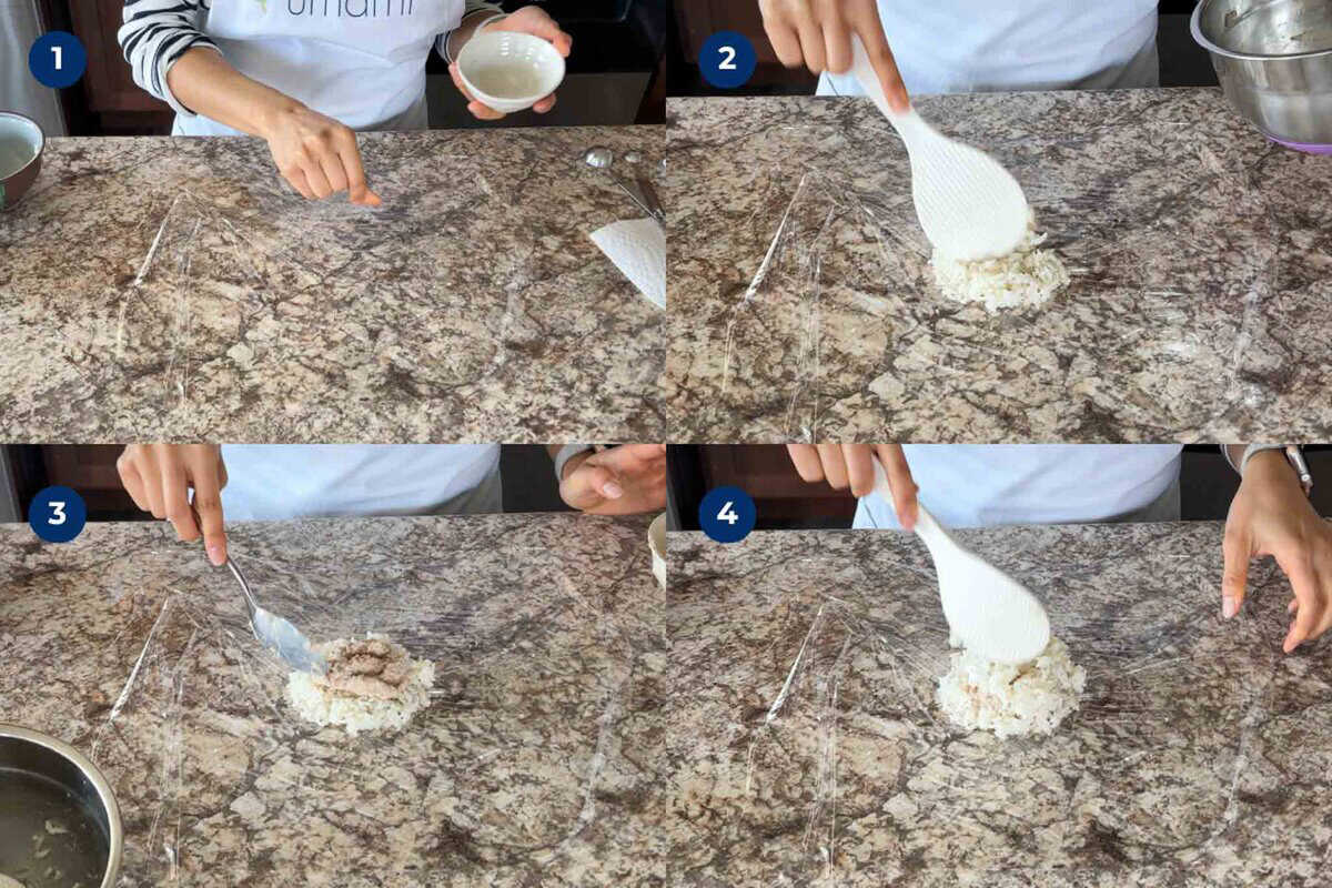 How to make onigiri with plastic wrap.