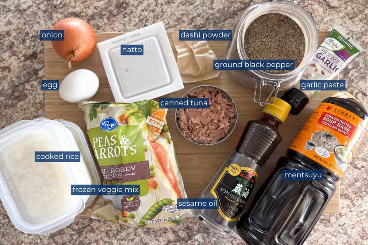 Ingredients to make natto fried rice.