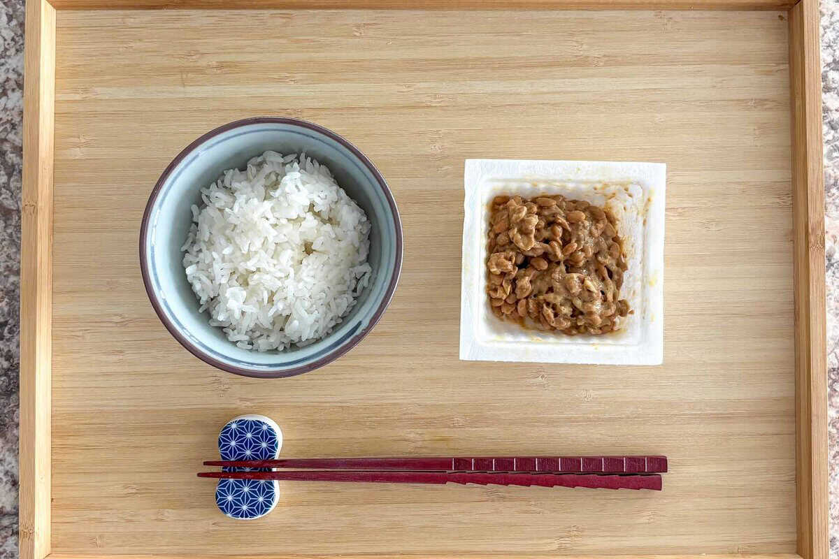 Rice on the left and natto on the right.