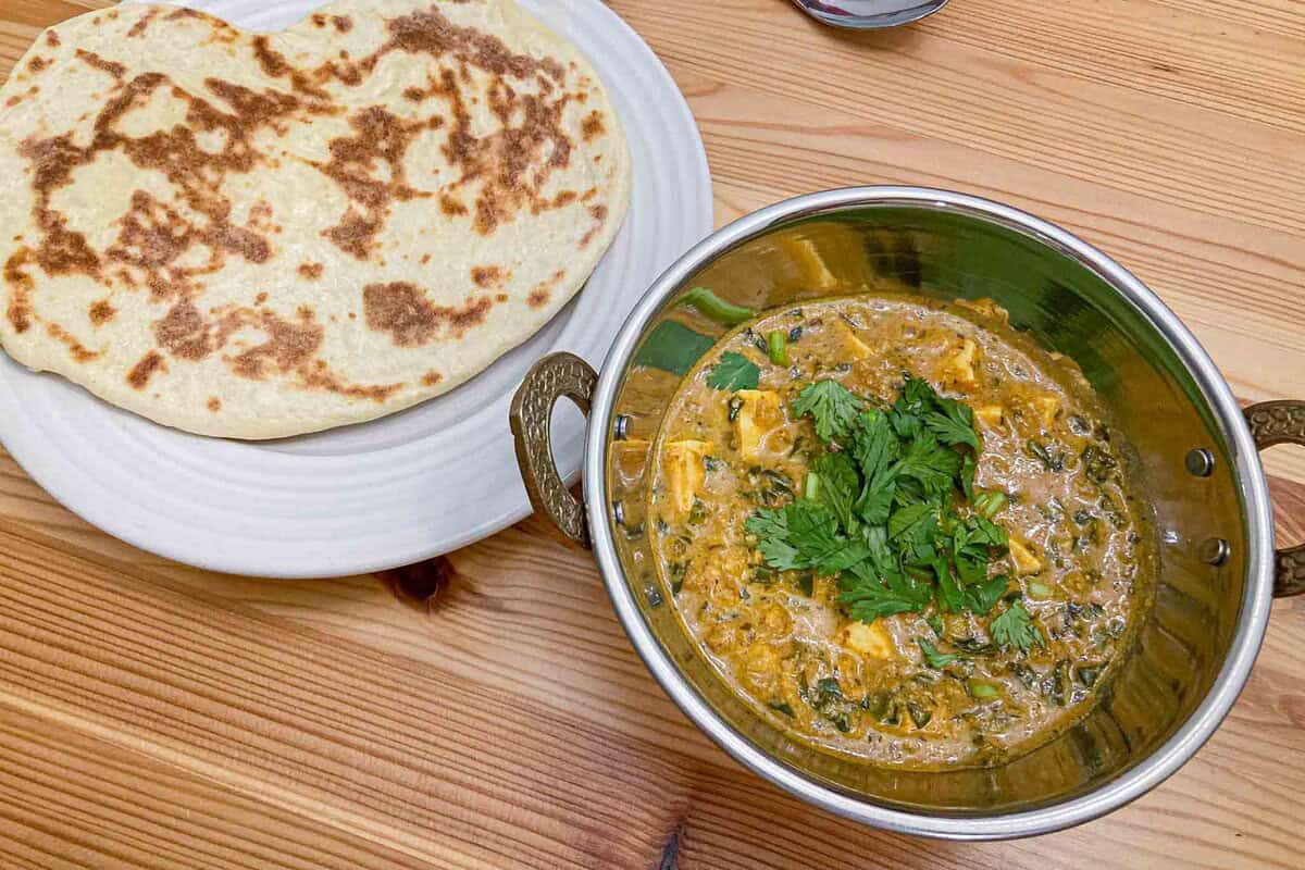 Homemade indian curry and naan.